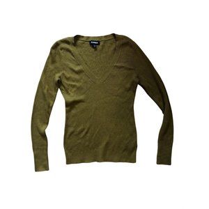 Express Medium Ribbed Knit V Neck Sweater Olive Green